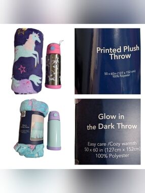 Glow in the Dark Kids Throw Blanket 50"x 60" and 20oz Water Bottle Set/Bundle